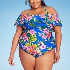 Kona Sol Off-Shoulder Ruffle Flounce Blue Tropical One-Piece Swimsuit